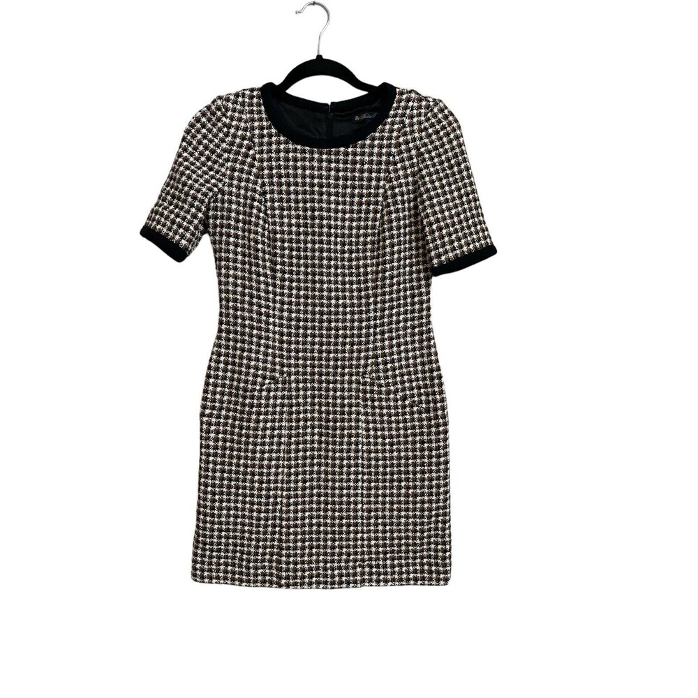 Brooks Brothers Houndstooth Sheath Dress Size 4 Brown Black Short Sleeve